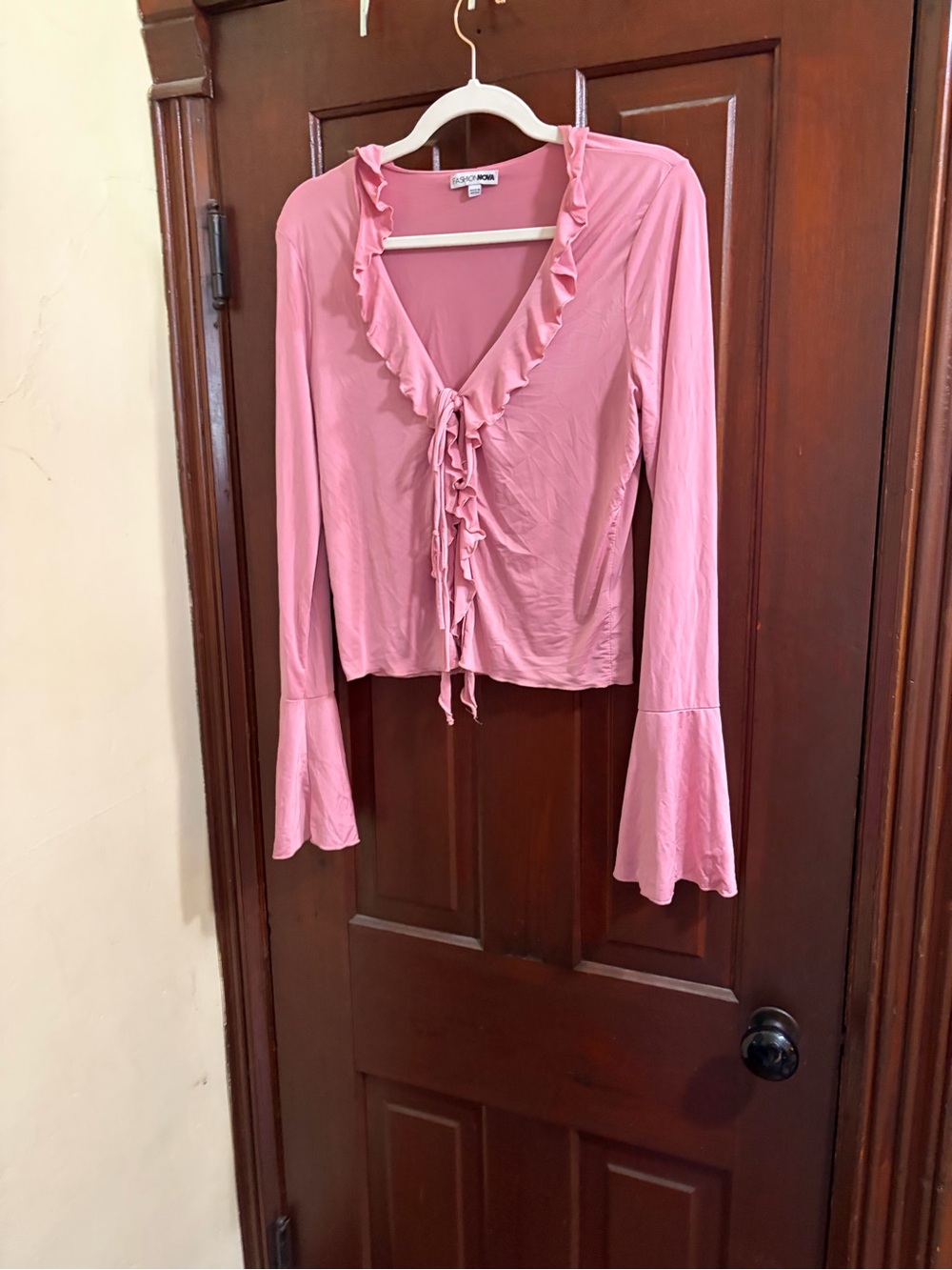 Fashion Nova Pink Ruffle Tie-Front Long Sleeve Blouse
